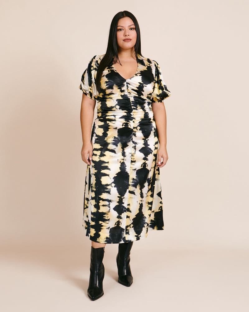 Front of a model wearing a size DK 42 Stretch Satin Dress in Yellow by GANNI. | dia_product_style_image_id:228912